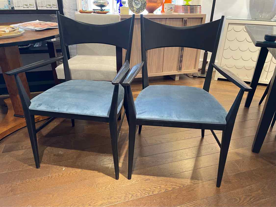 SET of 8 Black Wood Dining Chairs w/ Blue Velvet Seats by Paul McCobb