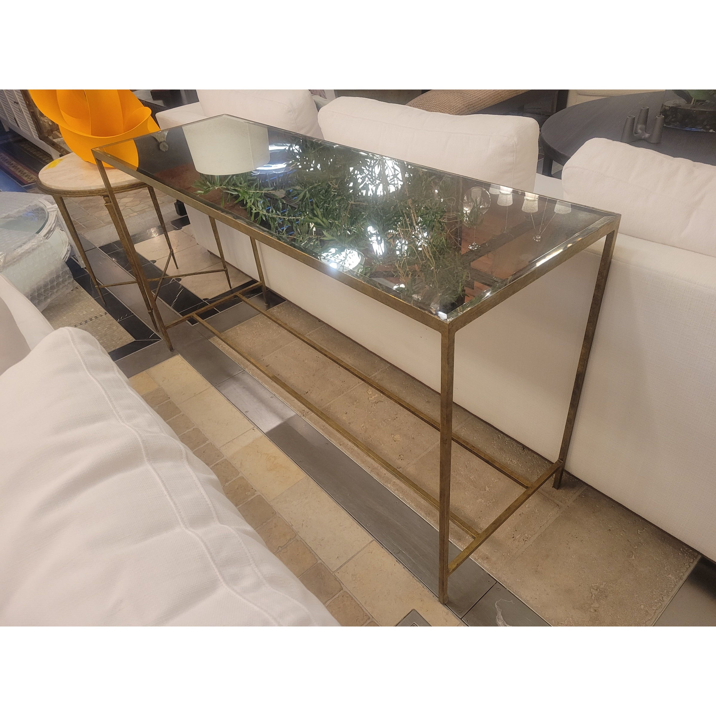 Jonathan Gold Finish Iron Console Table w/ Beveled Antiqued Mirror Top by Oly - colletteconsignment.com