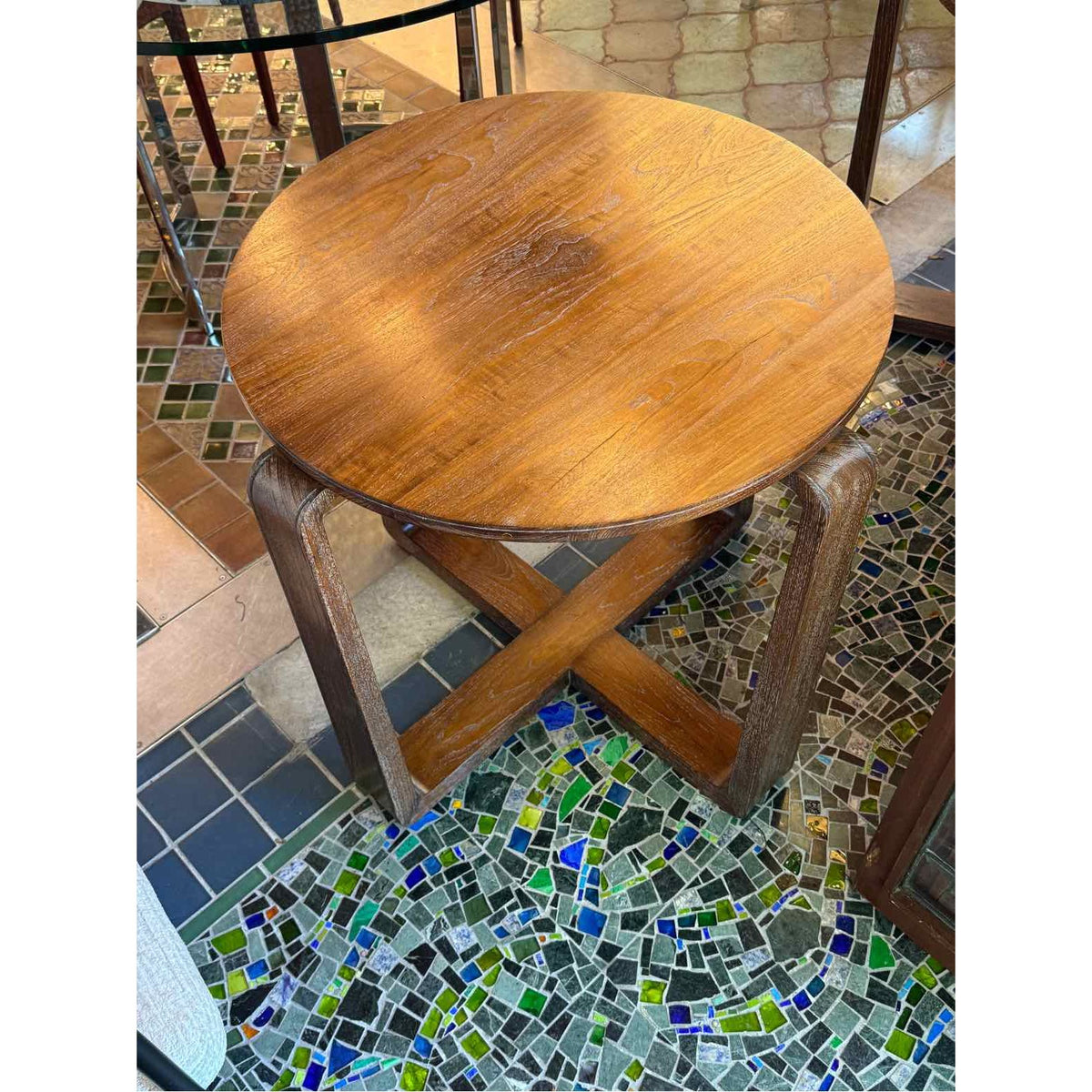 Round Dark Wood X Base Side Table