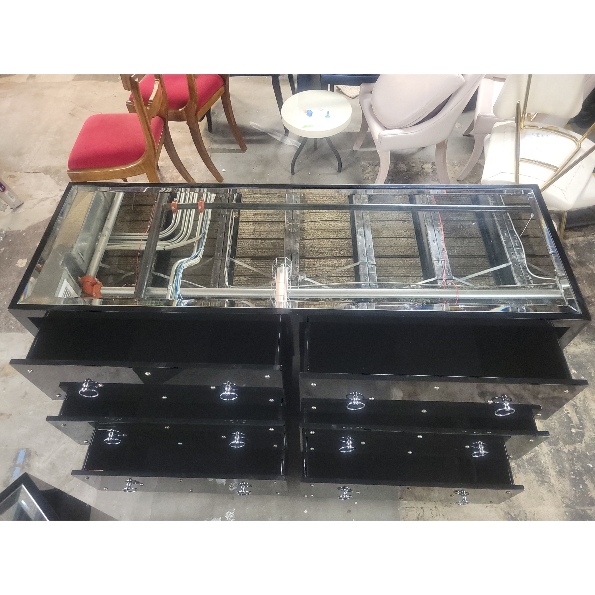 Black Lacquer & Nickel 6-Drawer Dresser w/ Mirror Top by Worlds Away