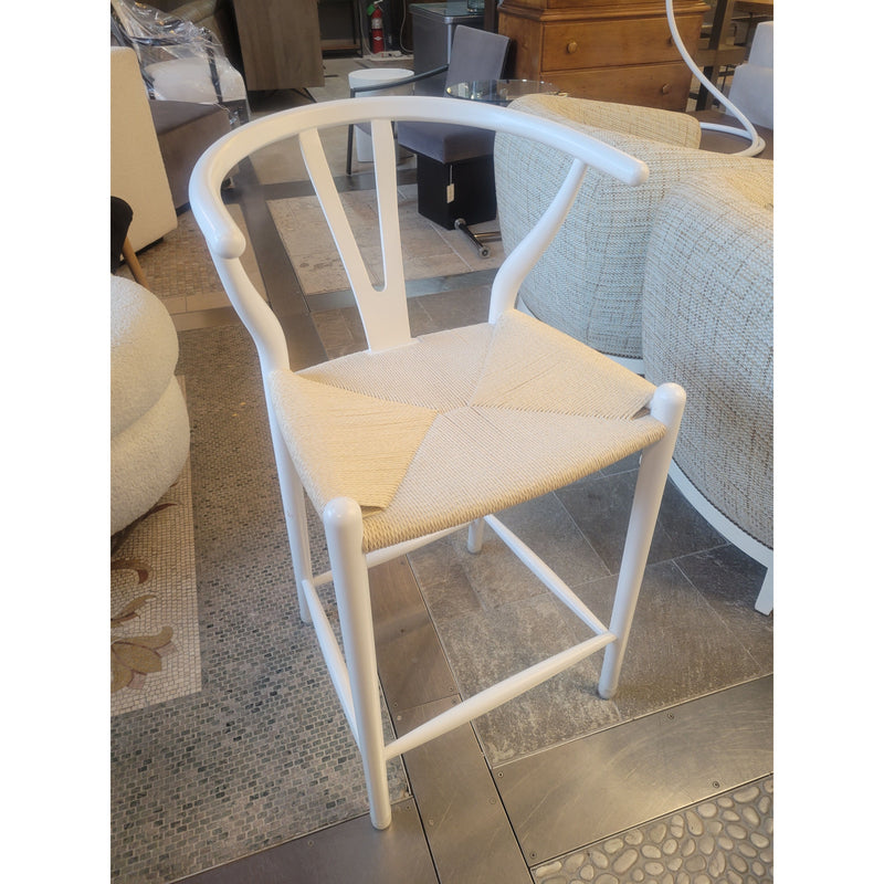 SET of 4 White Wood Wishbone Counter Stools w/ Natural Cord Seats