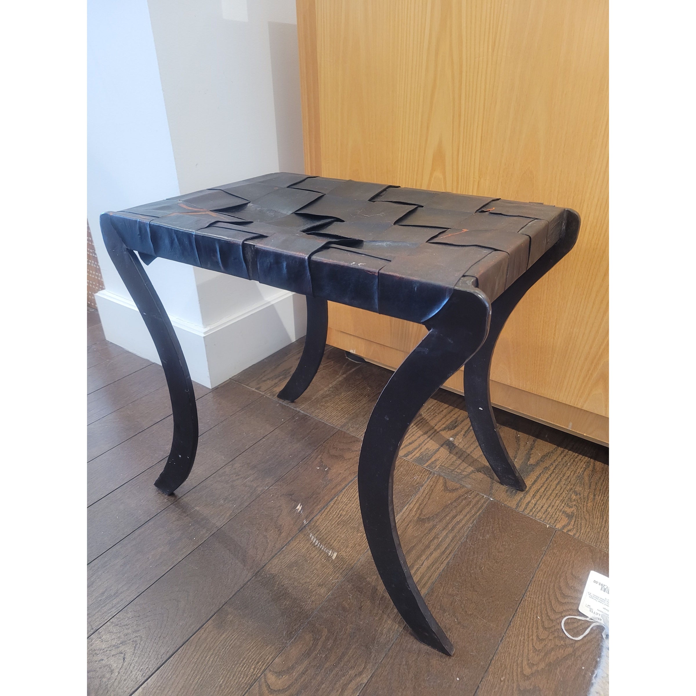 Mid-Century French Industrial Black Leather & Metal Bench - colletteconsignment.com
