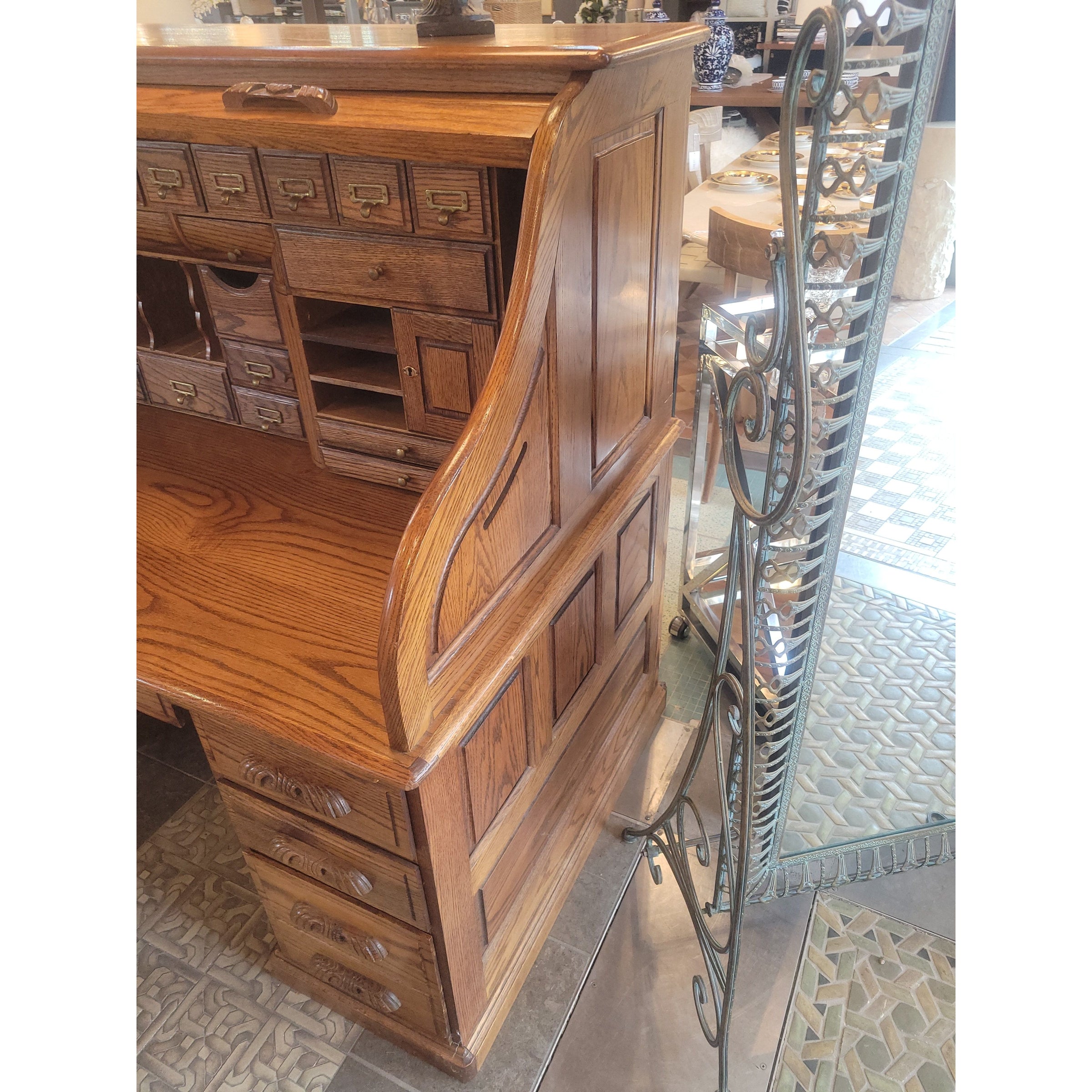 Early 20th C Edwardian Oak Roll Top Desk