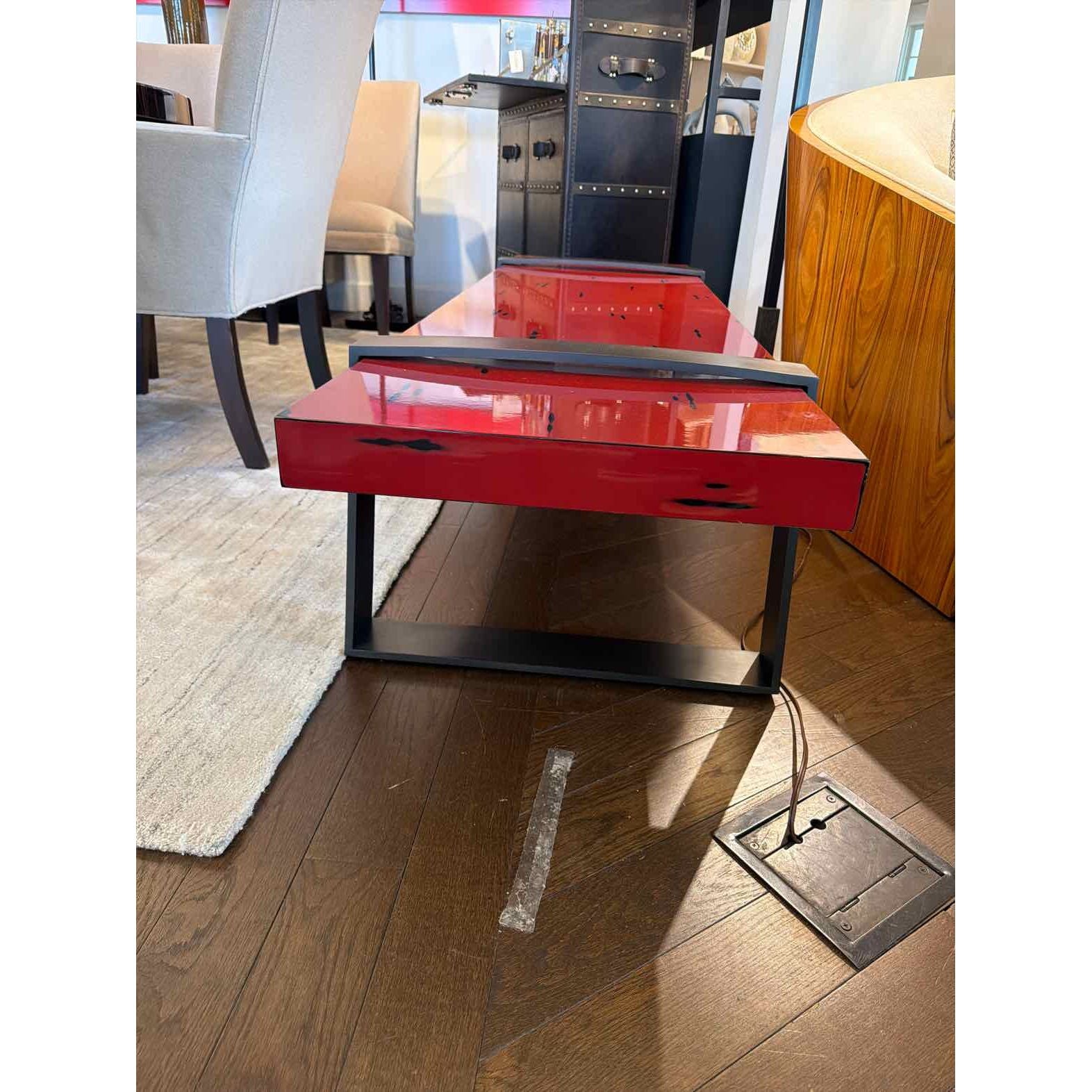 Custom Red Lacquer Orlean Bench w/ Solid Brass Strap Legs by Jiun Ho - colletteconsignment.com