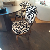 Pair of Vintage French Style Wrougt Iron Armchairs w/ Black & White Floral Print