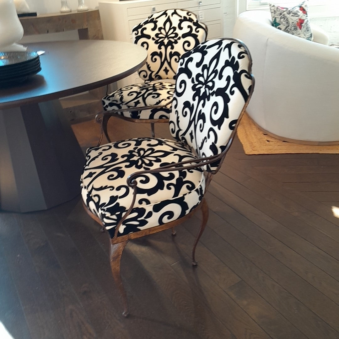 Pair of Vintage French Style Wrougt Iron Armchairs w/ Black & White Floral Print