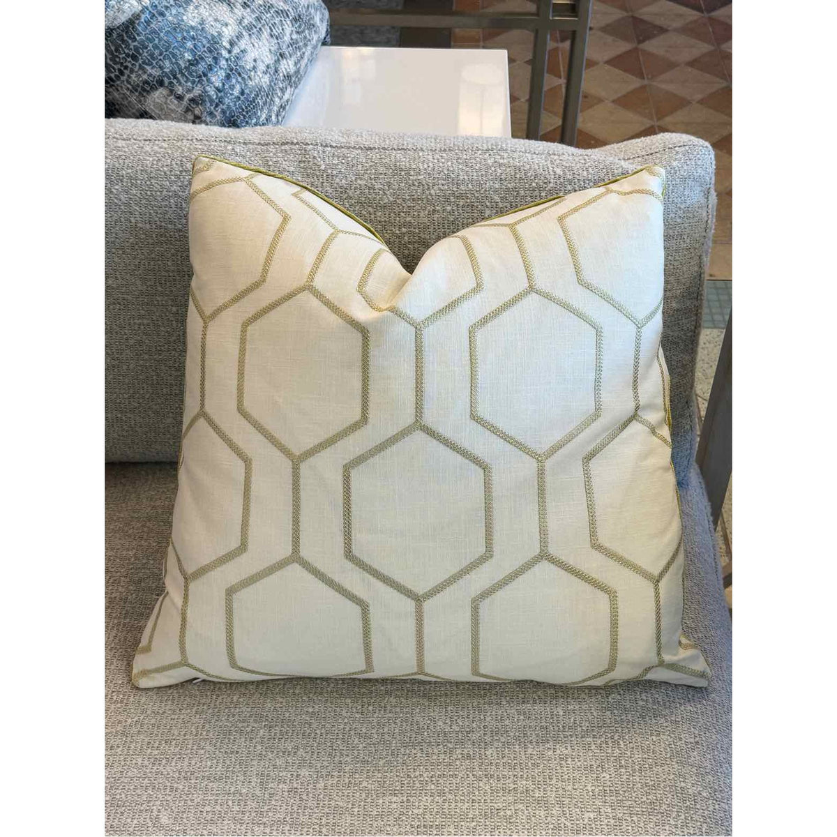 PAIR of Custom Gold Embroidery on Linen w/ Gold Velvet Backing Pillows