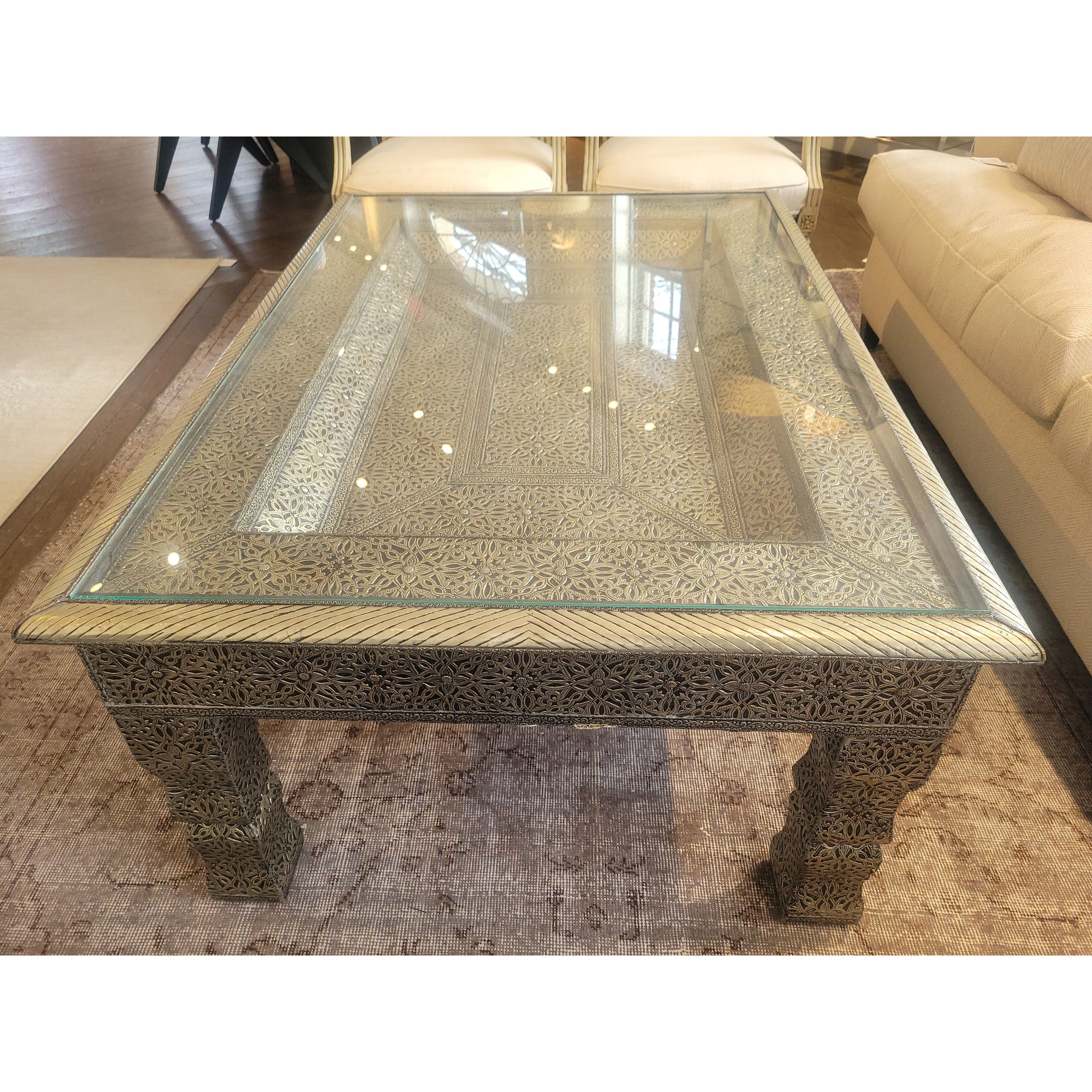 Moroccan Marrakesh Metal Wrapped Coffee Table w/ Glass Top (AS IS)