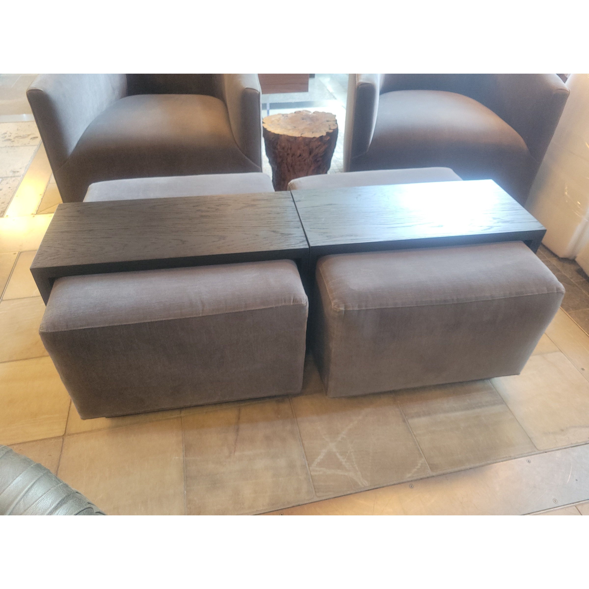 Gray Velvet Ottoman w/ Detachable Dark Oak Side Table