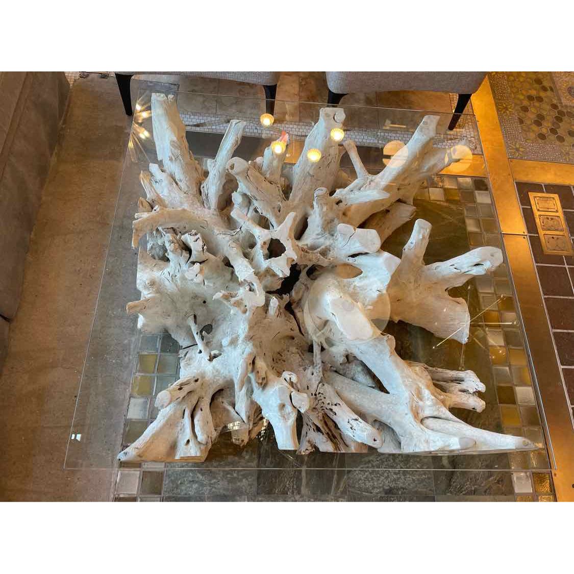 Bleached Teak Live Edge Coffee Table w/ Square Glass Top - colletteconsignment.com