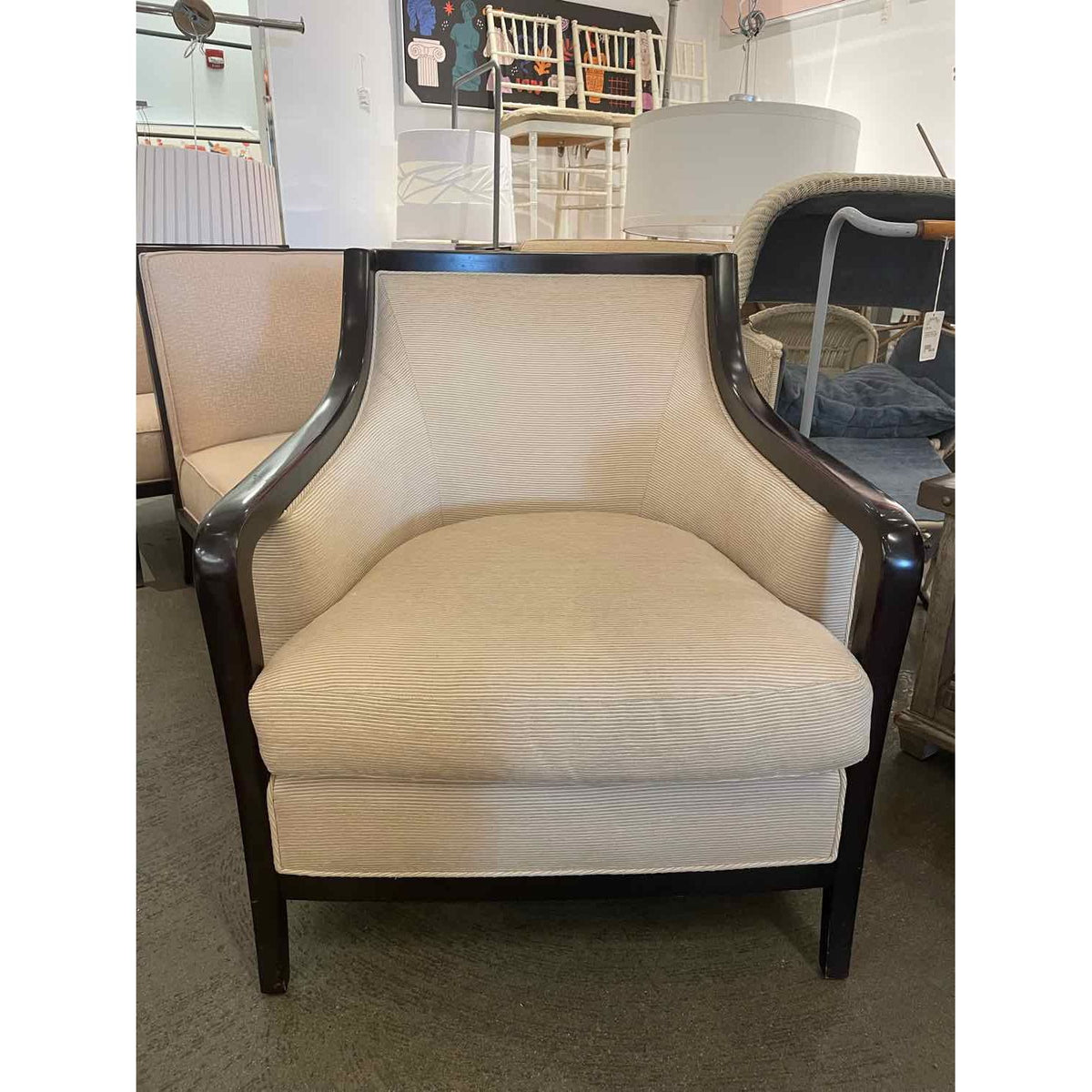 Beige Upholstered Salon Lounge Chair on Walnut Base by Baker (AS IS)