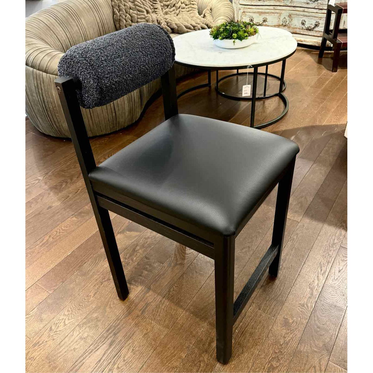 Charcoal Oak Counter Stool in Ink Black Pebbled Leather & Italian Boucle