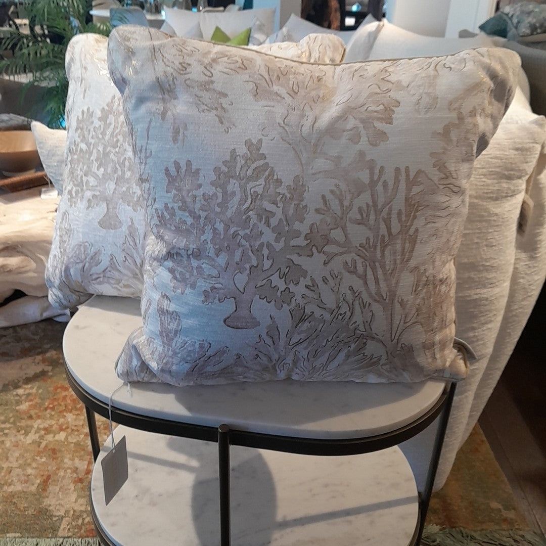 Pair of Tan Pillows with/ Gold Coral Motif 16"Sq