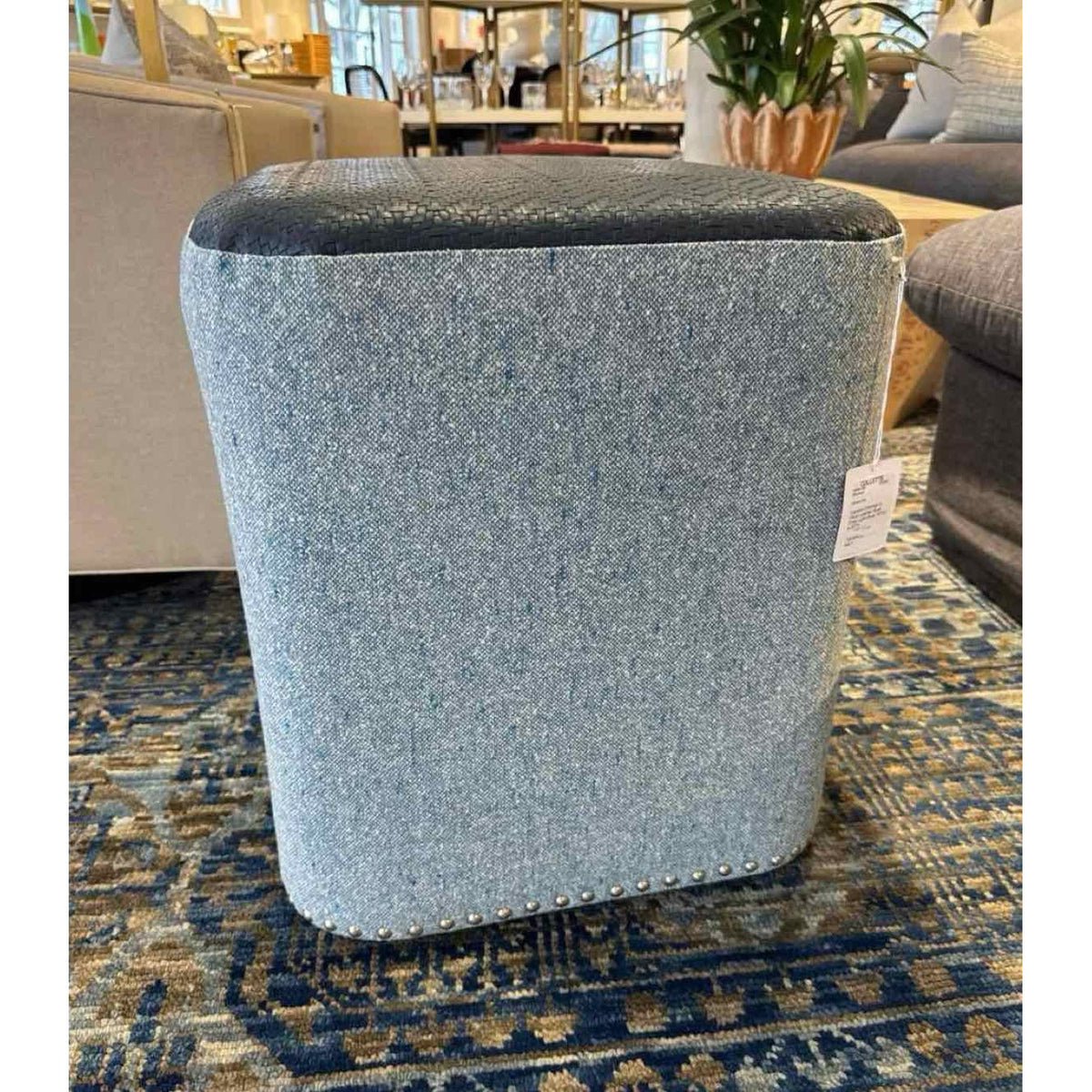 Square Ottoman in Faux Leather Blue Over Light Blue 19"Sq x 22"H - colletteconsignment.com