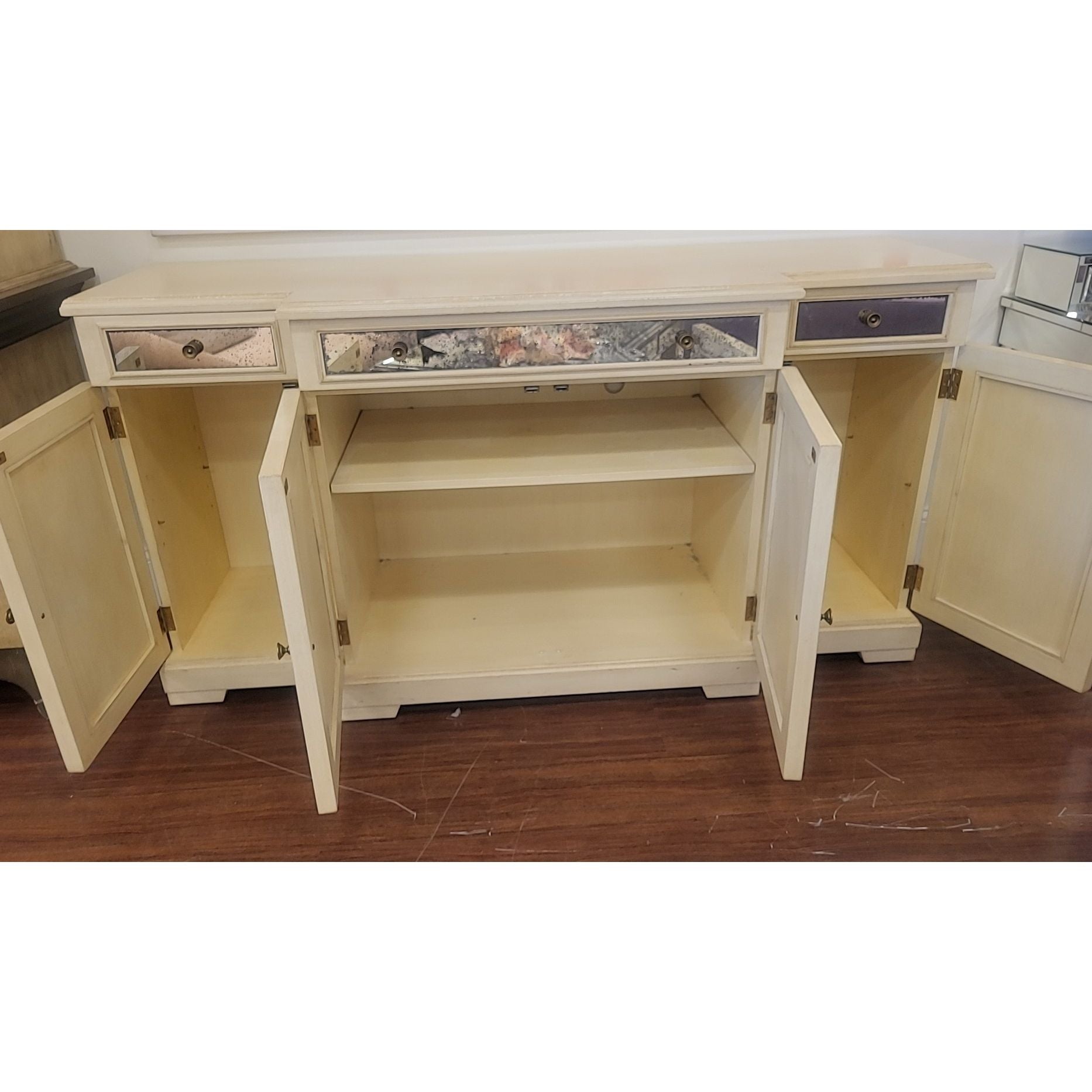 Pickled Wood Media Credenza w/ Antiqued Mirror Glass