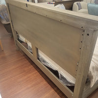 King-Sized Graywash Oak Farmhouse Platform Bed Frame (AS IS)