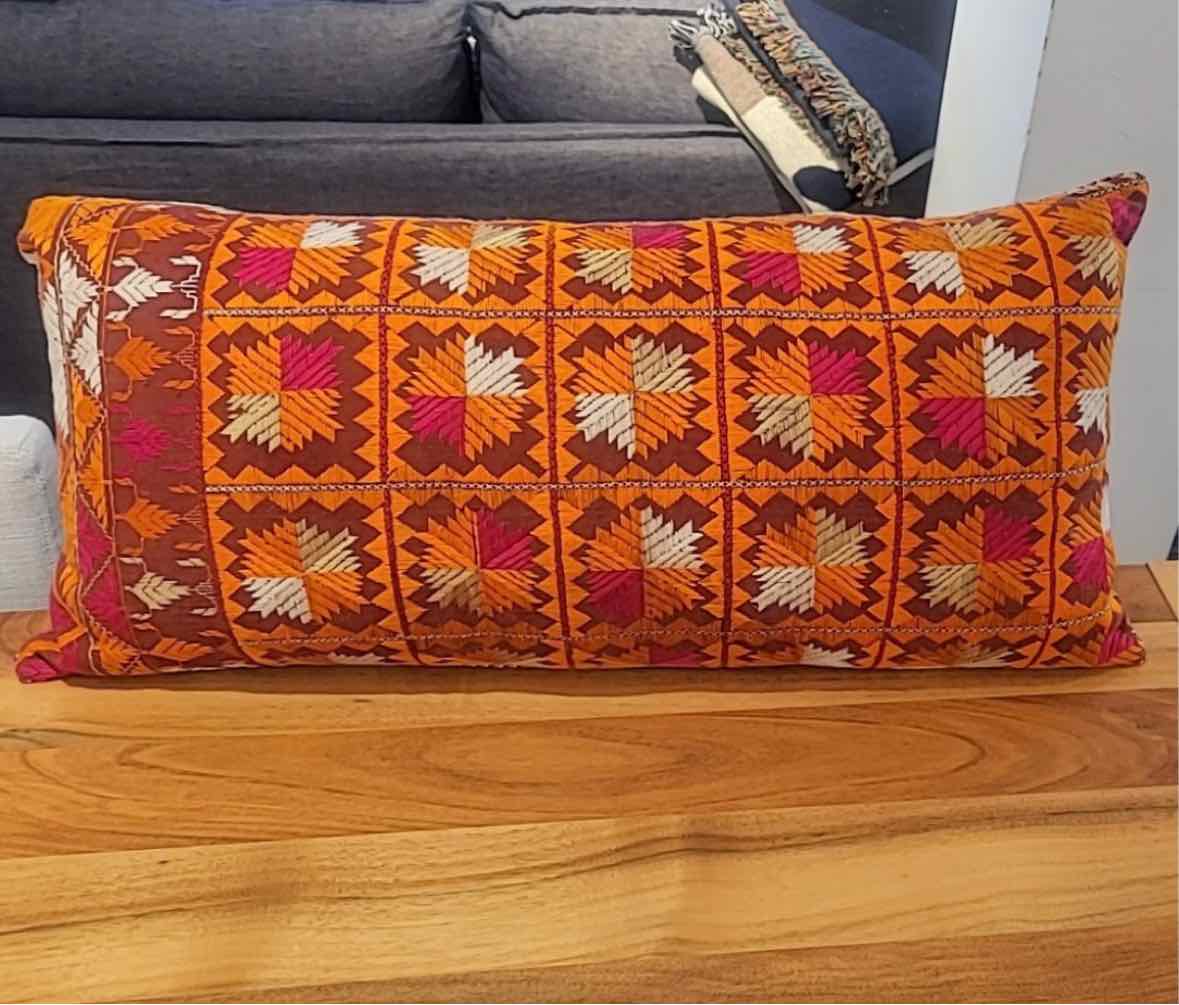 Stella Flame Orange & Brown Silk Fiber Long Lumbar Pillow w/ Down Insert