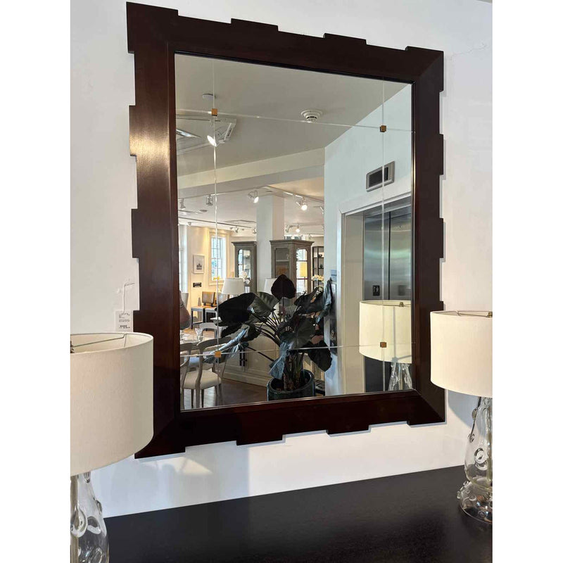 Geometric Cut Wood Castle Mirror w/ Segmented Buttoned Glass by Baker - colletteconsignment.com