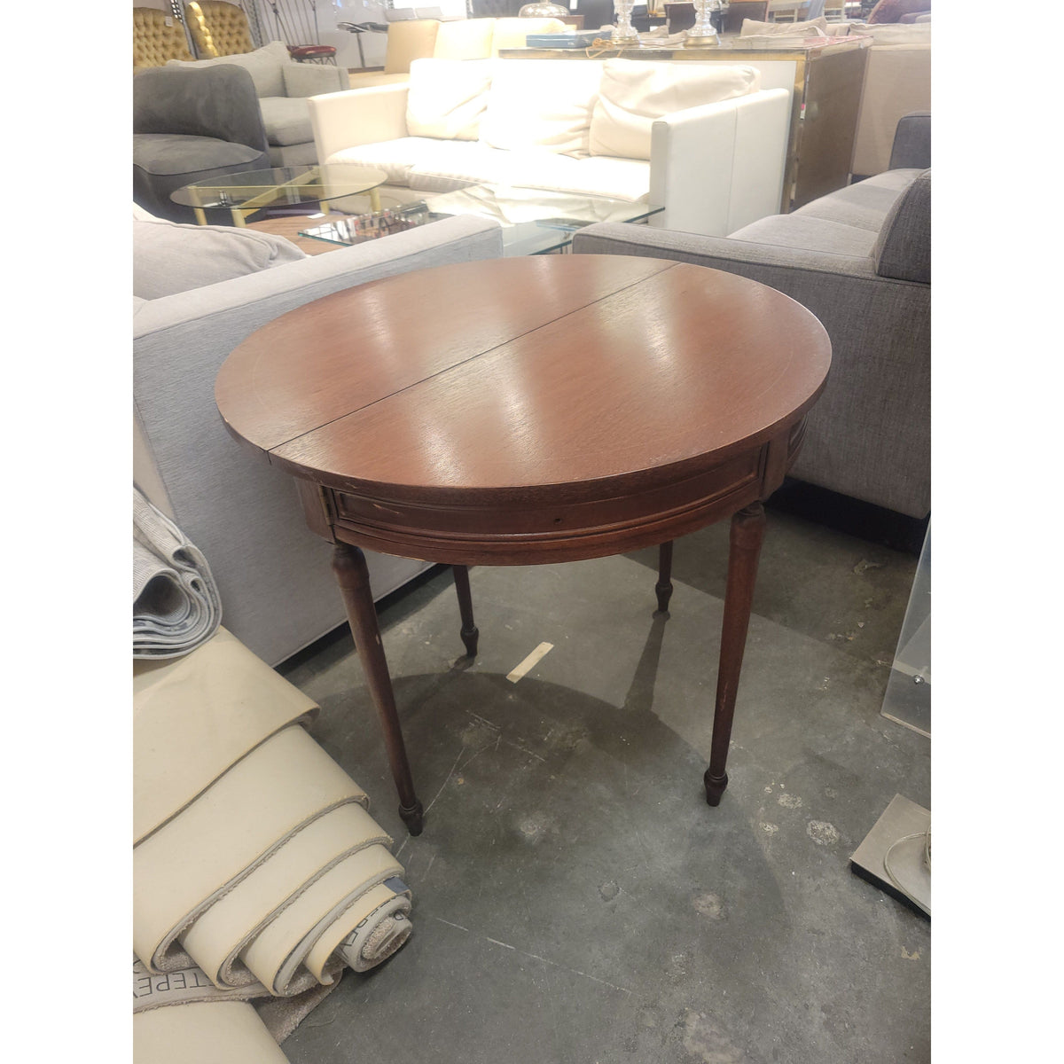 Vintage Folding Wood Demilune Table w/ Extendable Top & 2 Drawers