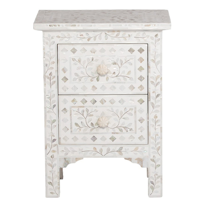 Indian Mother of Pearl Inlay Floral 2-Drawer Bedside Table