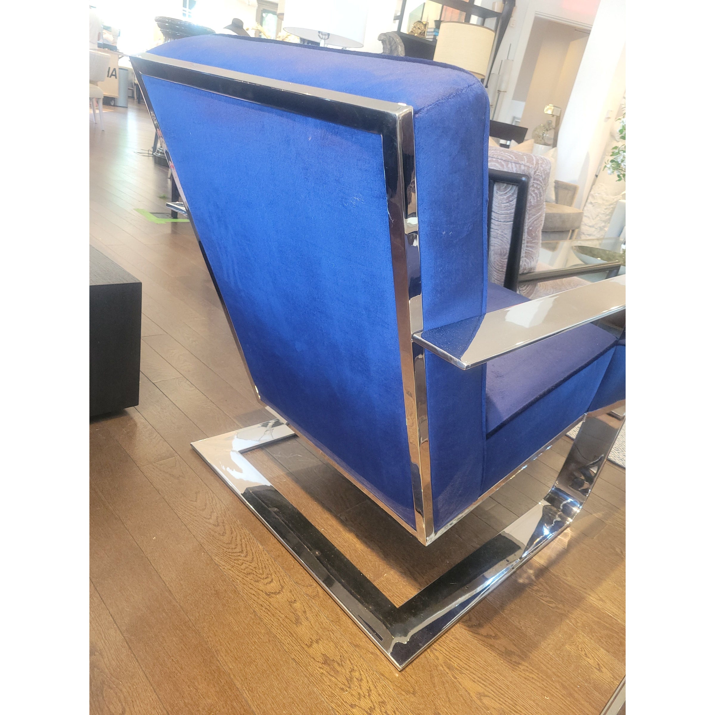 PAIR of Custom Blue Velvet & Chrome Club Chairs by Artistic Frame