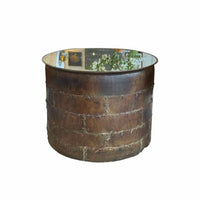 Vintage Metal Drum Coffee Table w/ Antiqued Mirror Glass Top