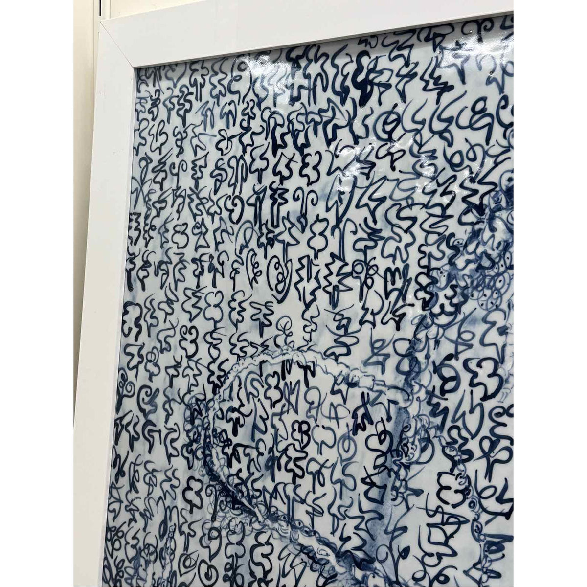 Jared Fitzgerald Framed Chinese Porcelain Panel - Blue Script Motif