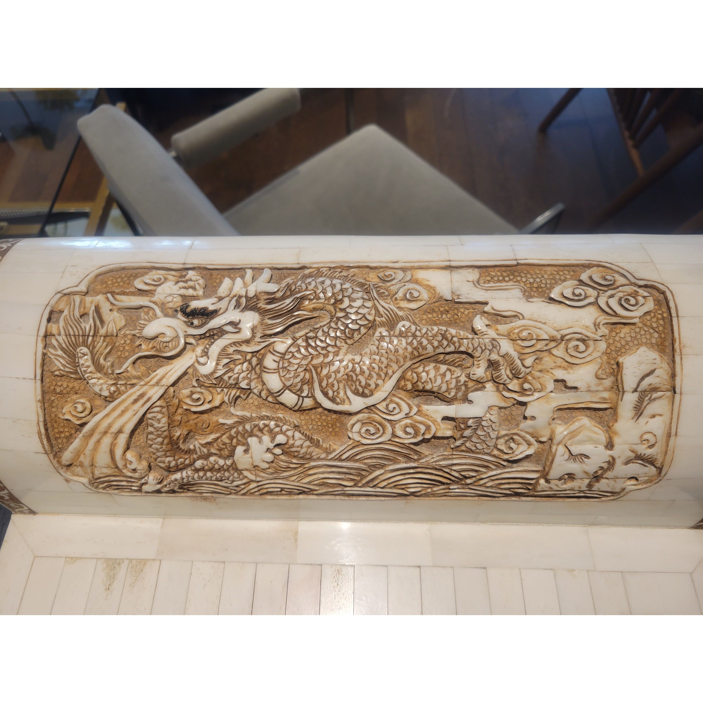 Vintage Chinese 2-Drawer Carved Bone Inlay Alter Table