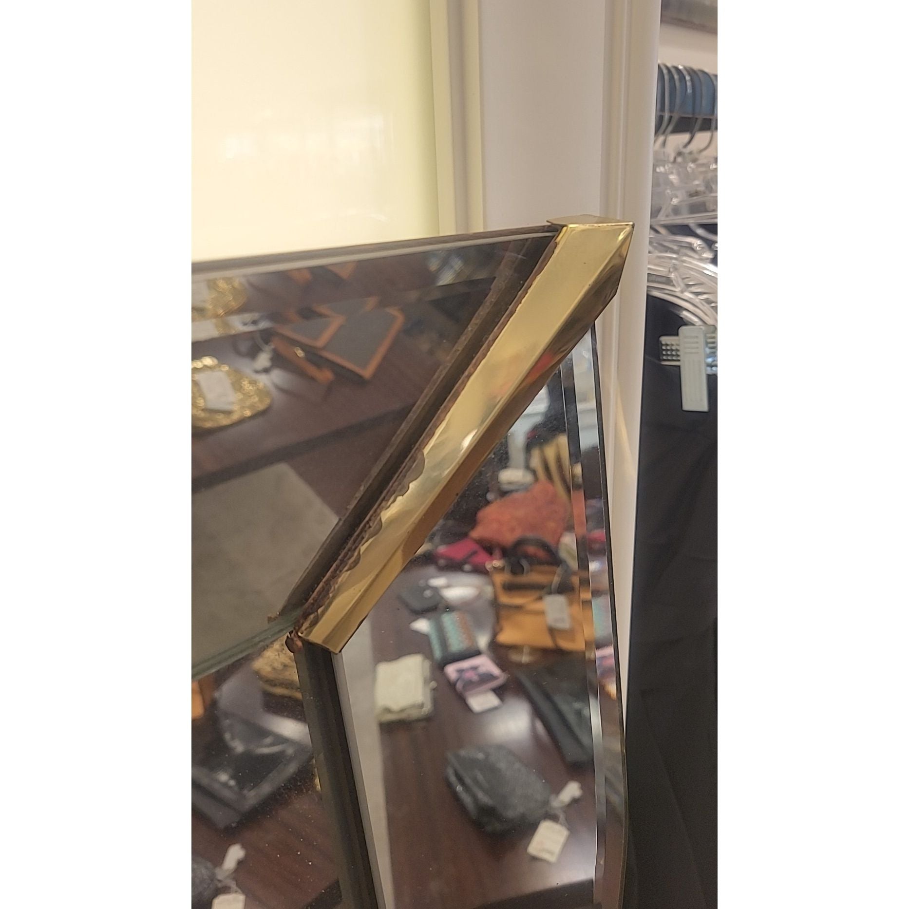 Vintage Rectangular Wall Mirror w/ Wavy Edge & Brass Accents