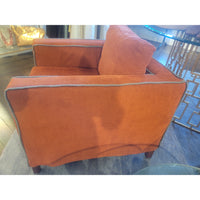 PAIR of Orange Linen Square Lounge Arm Chairs w/ Gray Piping by Flexteam