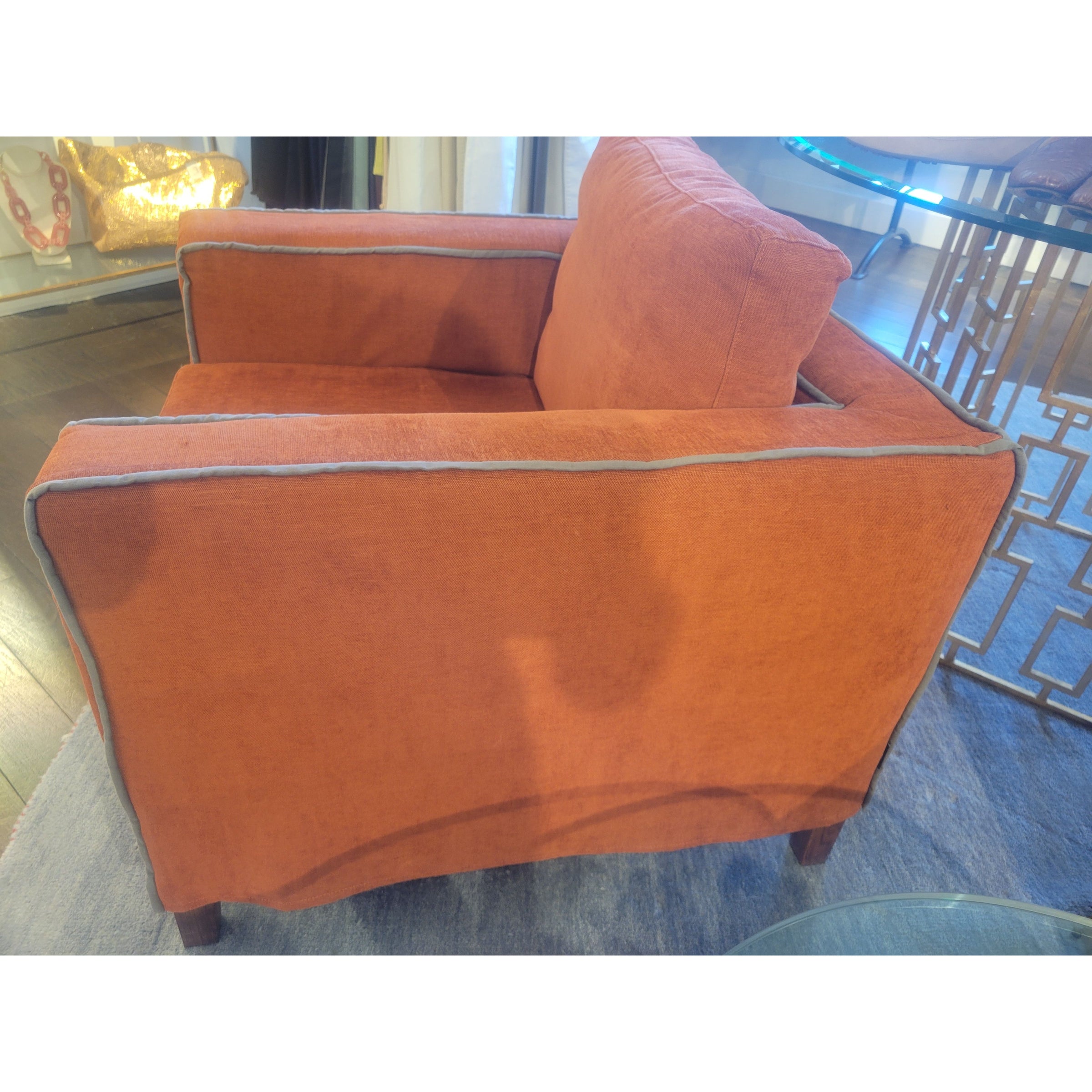 PAIR of Orange Linen Square Lounge Arm Chairs w/ Gray Piping by Flexteam