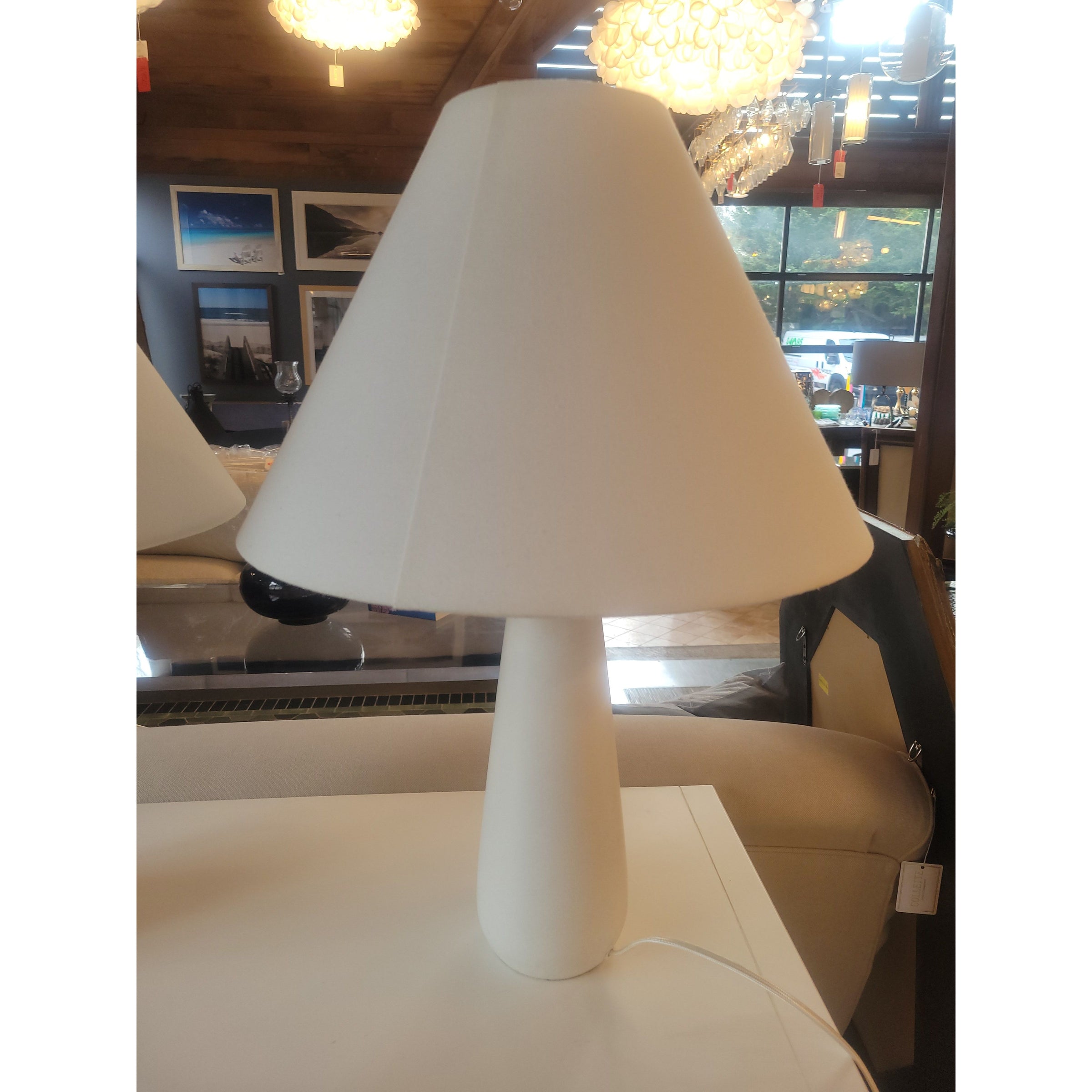 PAIR of White Stone Table Lamps w/ Shades - colletteconsignment.com