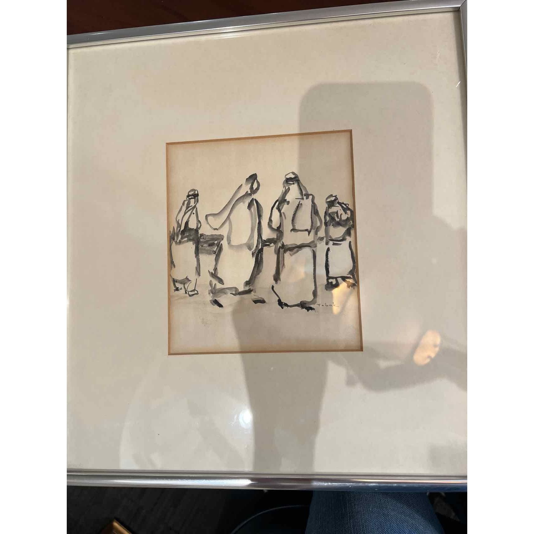 Vintage Ink Wash Drawing of Figures by Chaim Tabak