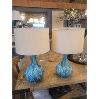 PAIR of Blue Ceramic Artichoke Table Lamps w/ Shades (AS IS)