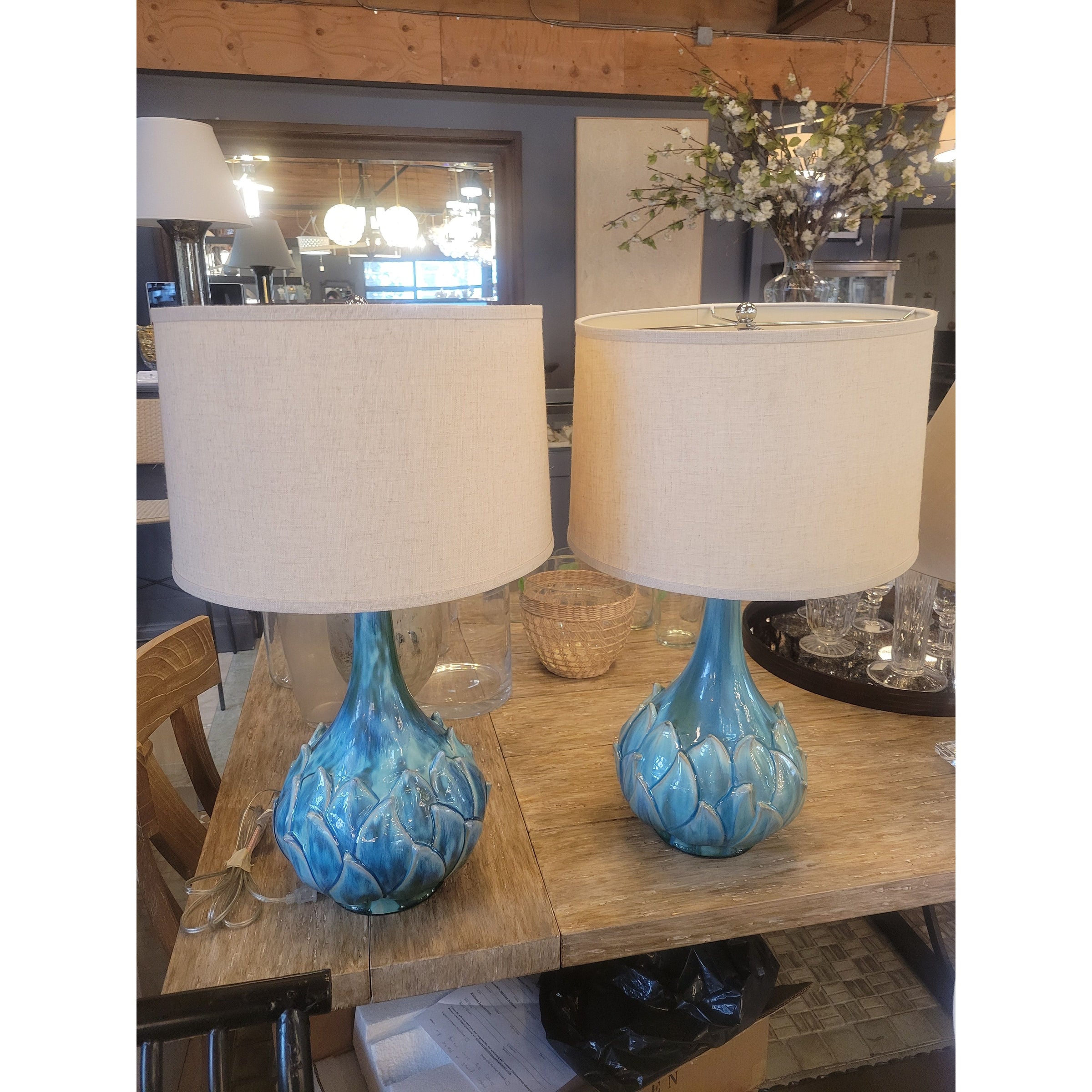PAIR of Blue Ceramic Artichoke Table Lamps w/ Shades (AS IS)