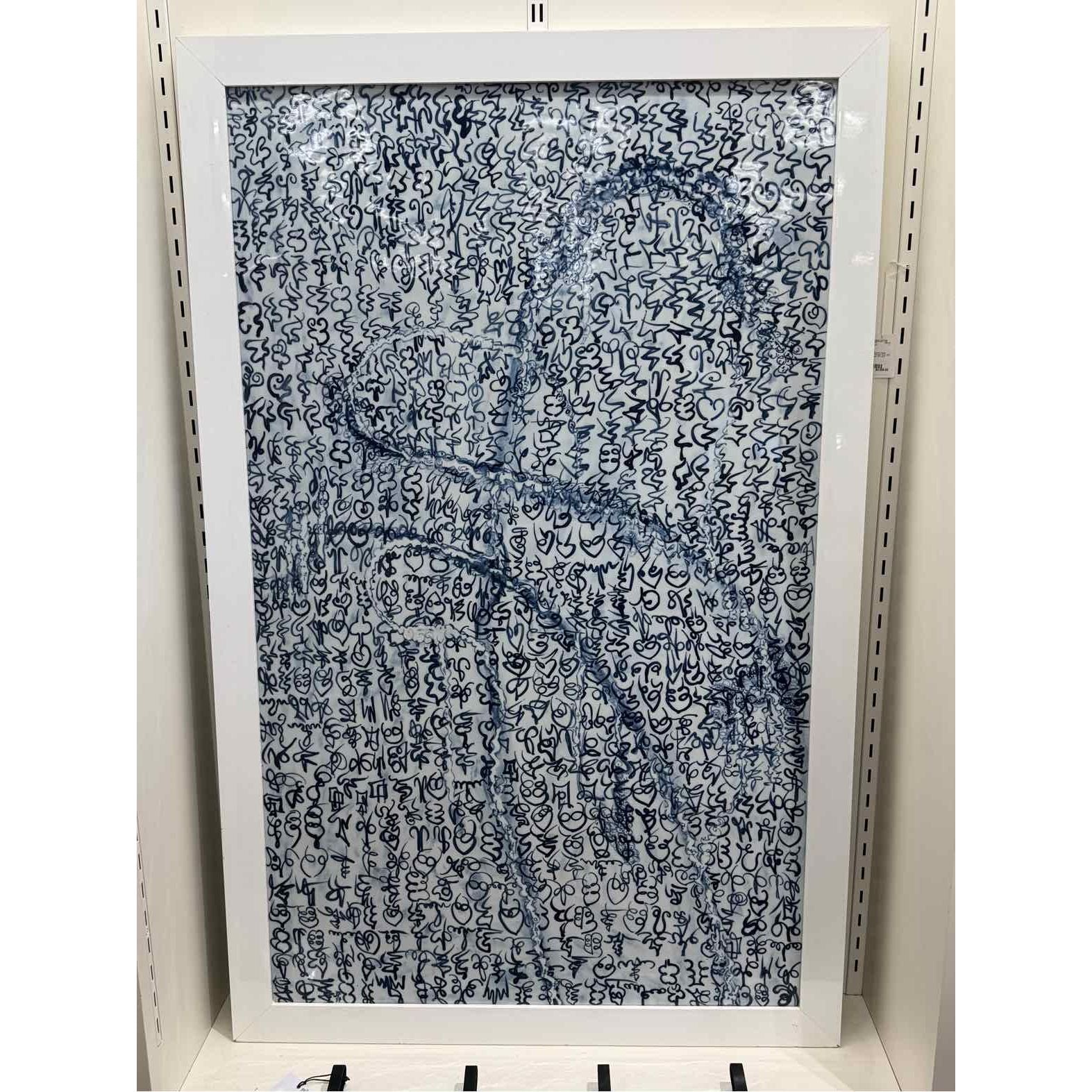 Jared Fitzgerald Framed Chinese Porcelain Panel - Blue Script Motif