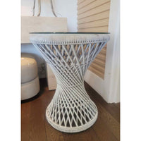 Round White Wicker Rattan Side Table w/ Glass Top