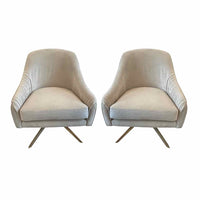 PAIR of 'Roar & Rabbit' Beige Velvet Swivel Chairs w/ Brass Legs - AS IS