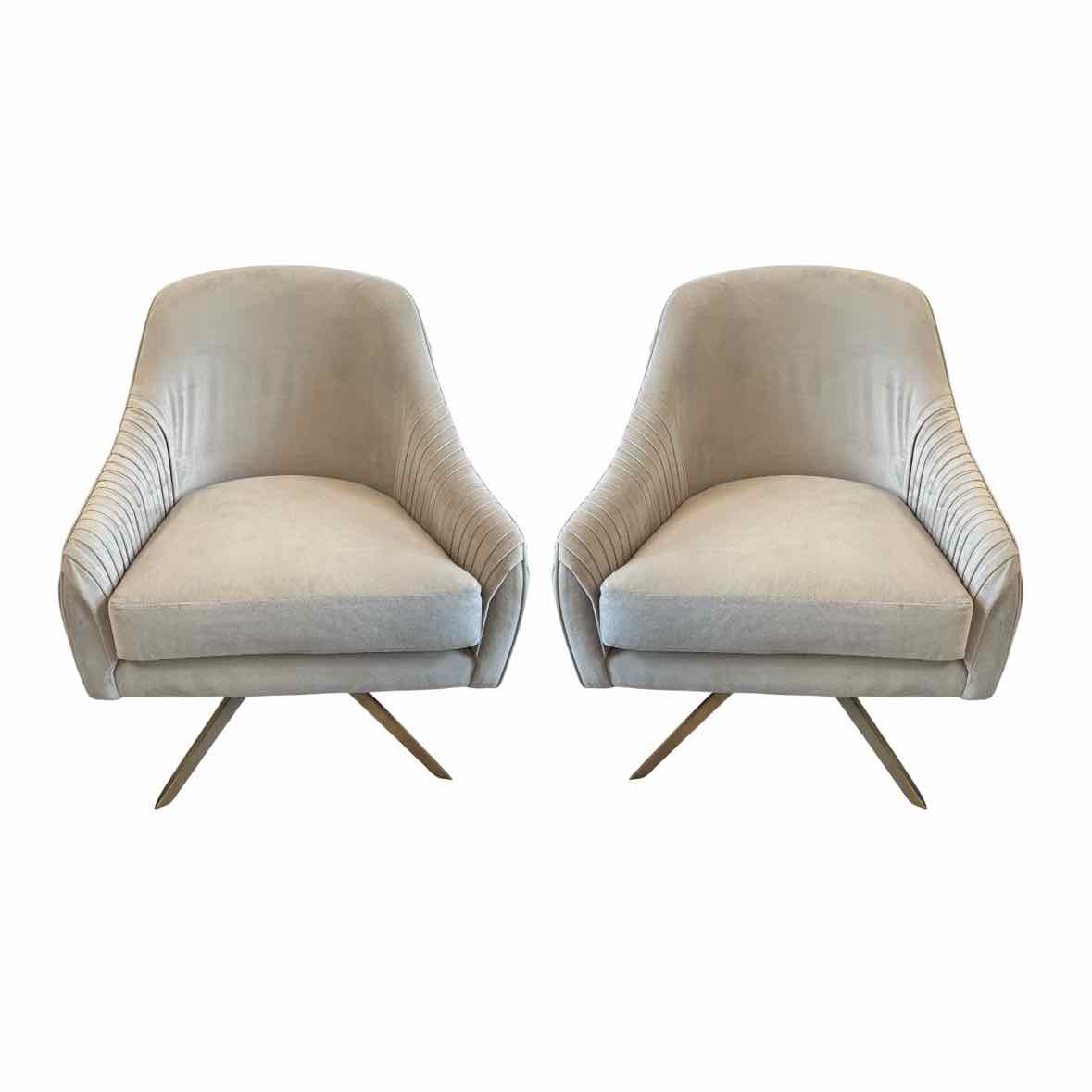 PAIR of 'Roar & Rabbit' Beige Velvet Swivel Chairs w/ Brass Legs - AS IS