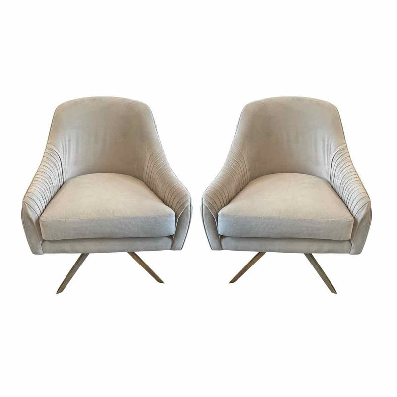 PAIR of 'Roar & Rabbit' Beige Velvet Swivel Chairs w/ Brass Legs - AS IS