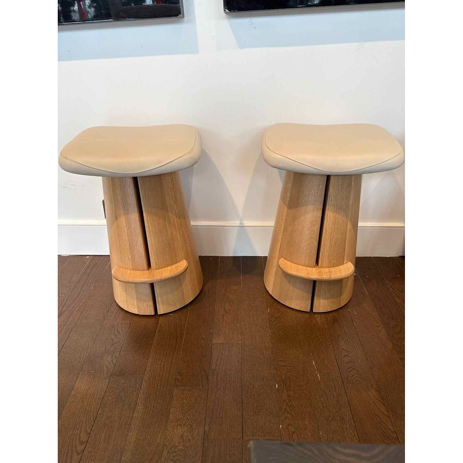 Pair of Counter Stools w/ Tuscan Leather Bisque Seat 17"W x 14"D x 25"H