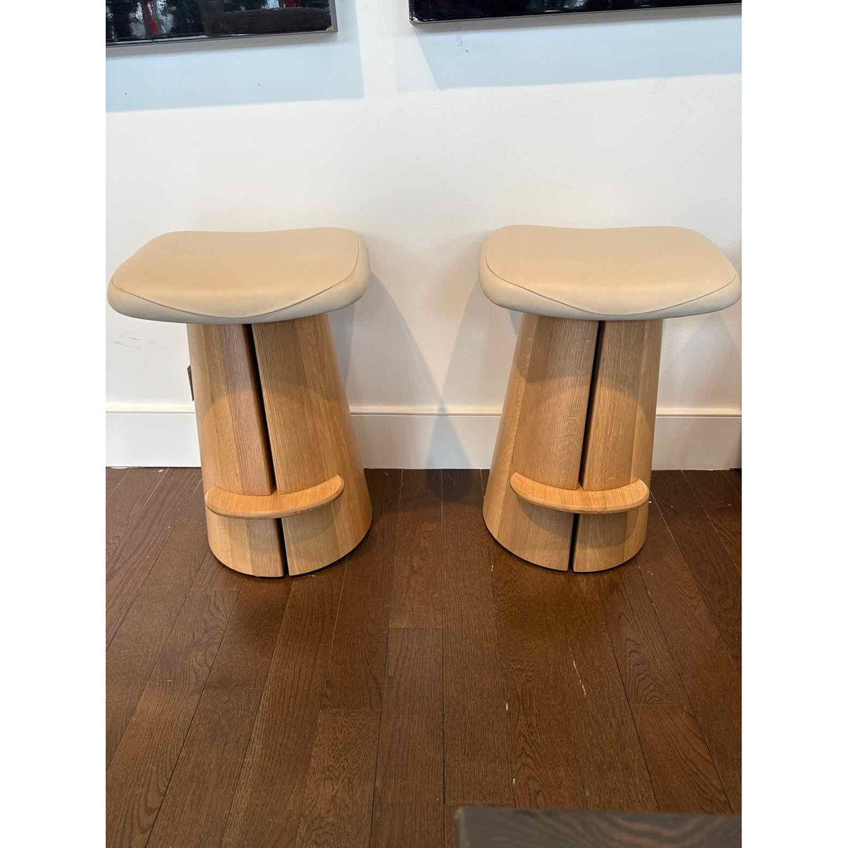 Pair of Counter Stools w/ Tuscan Leather Bisque Seat 17"W x 14"D x 25"H - colletteconsignment.com
