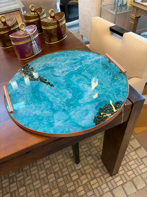 Custom 19" Round Turquoise Epoxy Resin Tray w/ Copper Tone Rim & Handles
