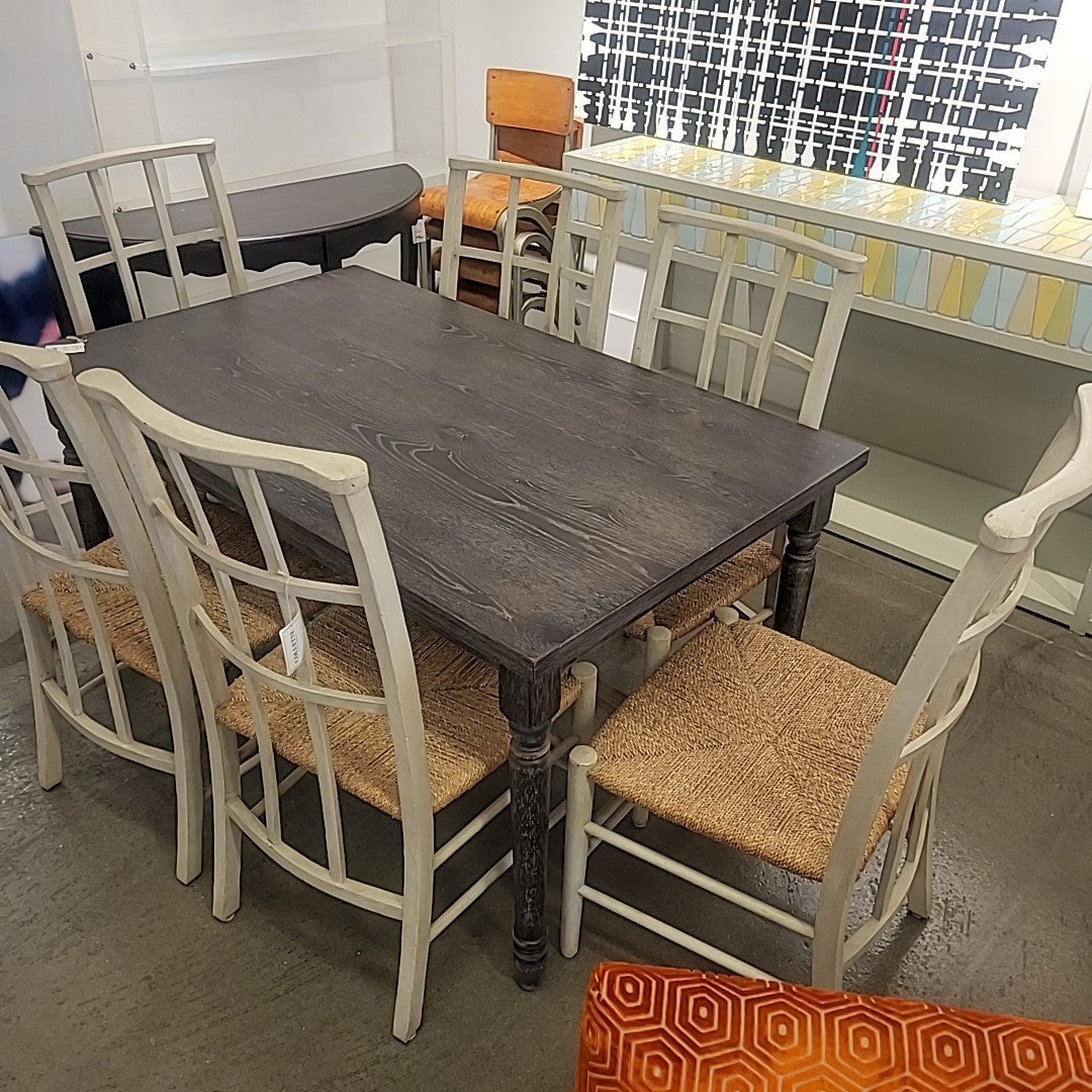 Set of White-Wash Dining Chairs with/ Rush Seat