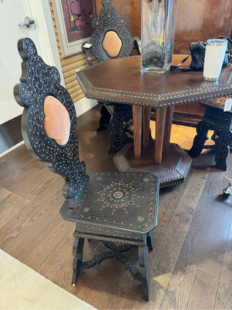 PAIR of Antique Moroccan Inlaid Side Chairs w/ Carved Back