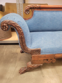 19th C. American Empire Mahogany Scroll-Arm Sofa w/ Blue Upholstery