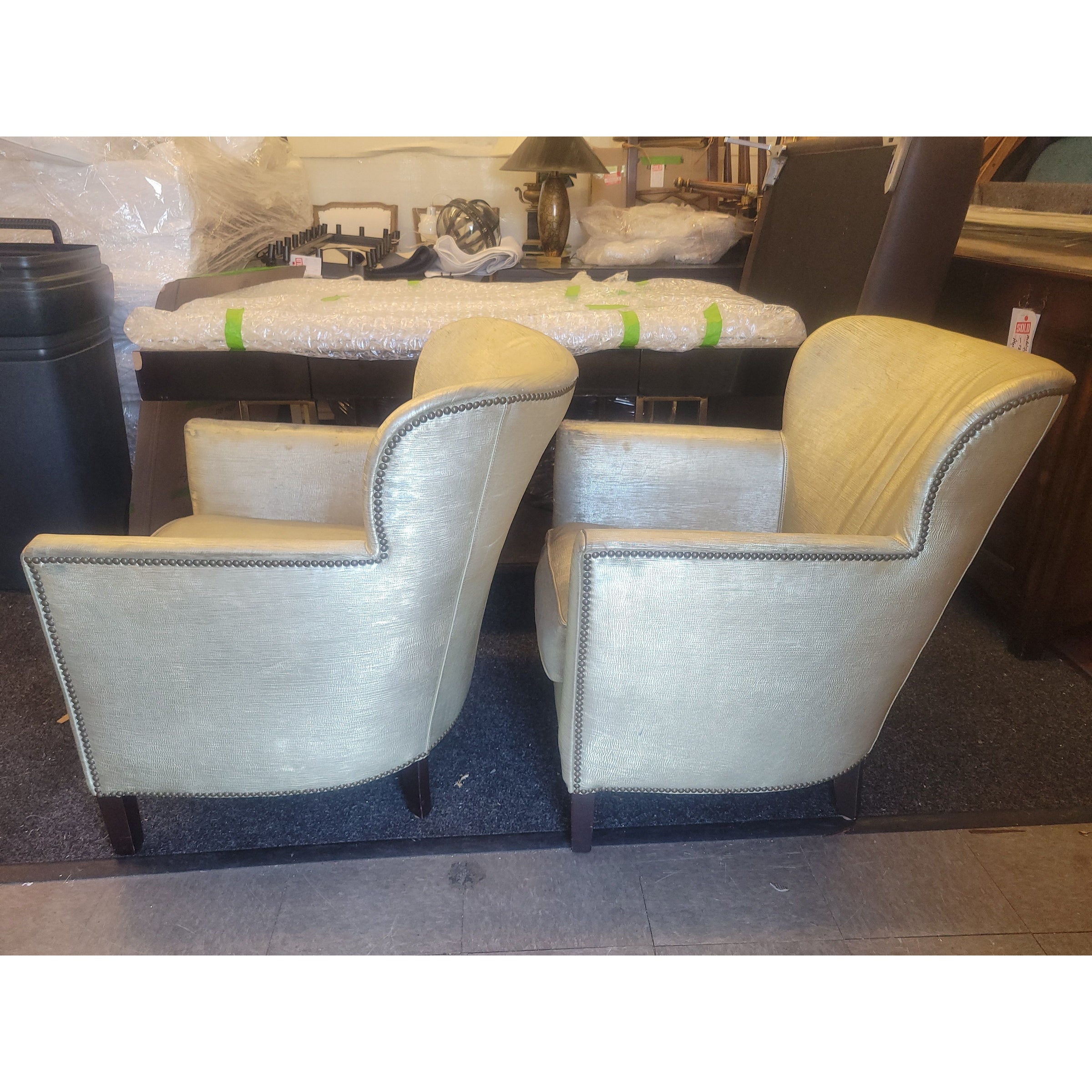 PAIR of Gold Fabric Nailhead Arm Chairs by Lee Industries (AS IS) - colletteconsignment.com