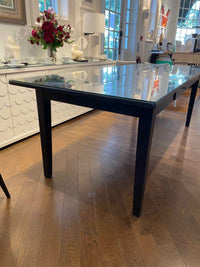 Antique Black Wood Slat Dining Table w/ Drawer & Glass Top