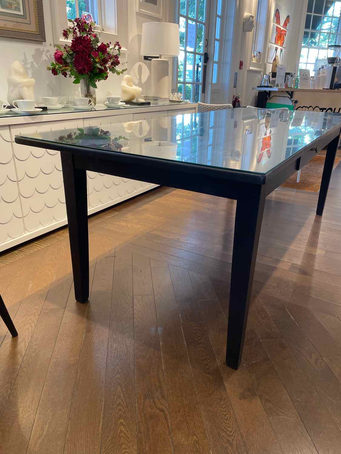 Antique Black Wood Slat Dining Table w/ Drawer & Glass Top