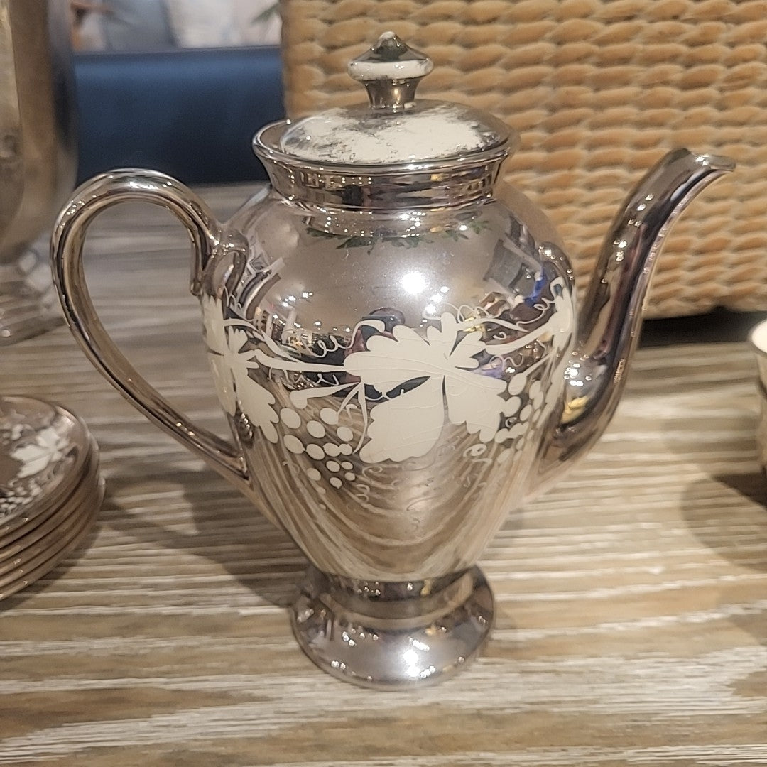 18-Pc Silver Luster & Porcelain Tea or Coffee Set w/ White Grape Design - AS IS